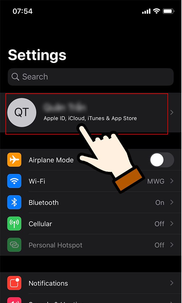 Bước 1: Vào Cài đặt => tên tài khoản Apple ID.